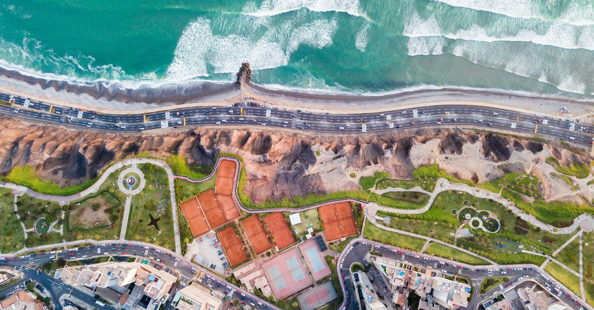 Stunning aerial shot of Miraflores coastline with ocean waves and urban landscape in Lima, Peru.